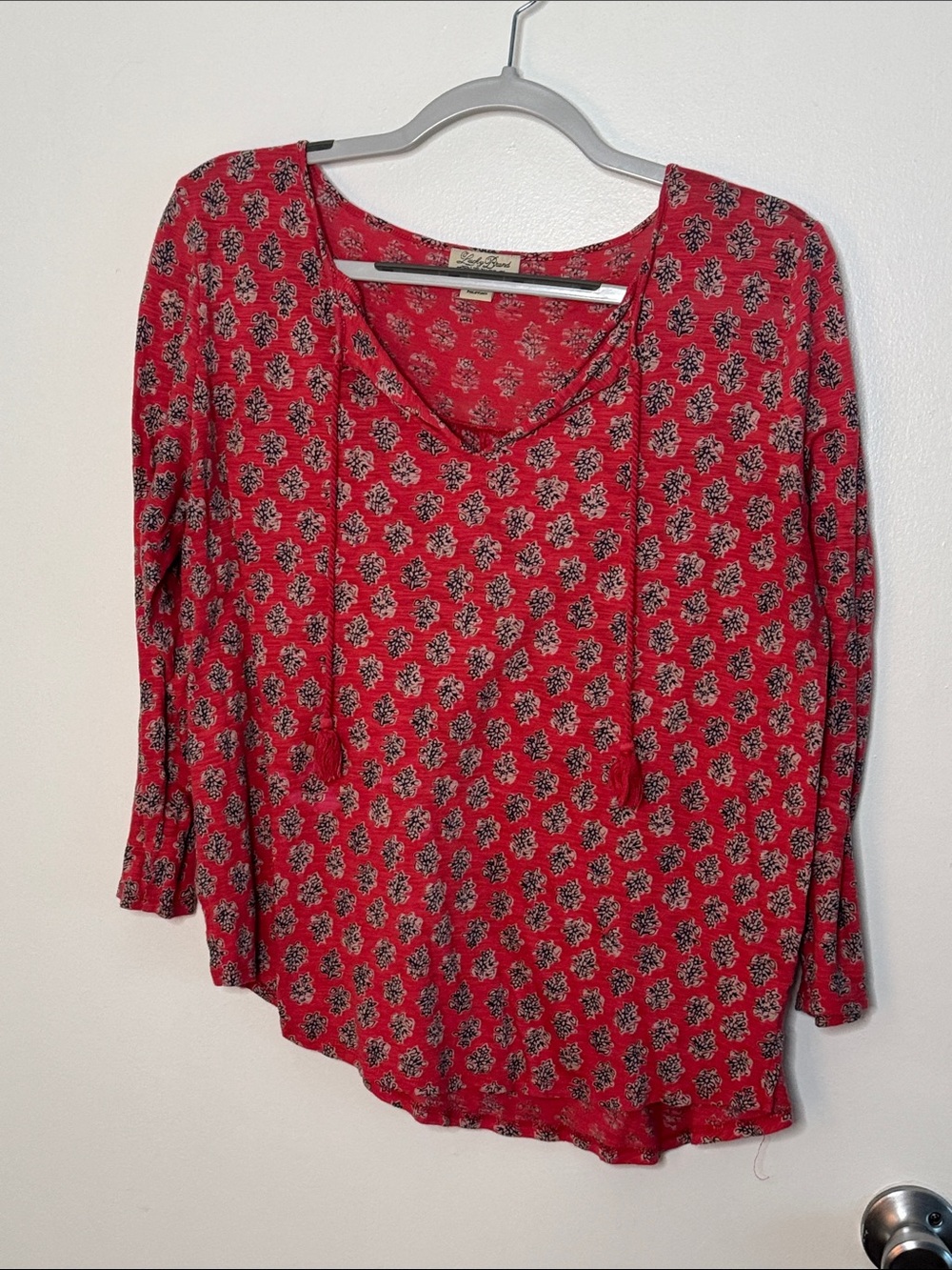 Lucky Brand Red Floral Tie-Neck Long Sleeve Top